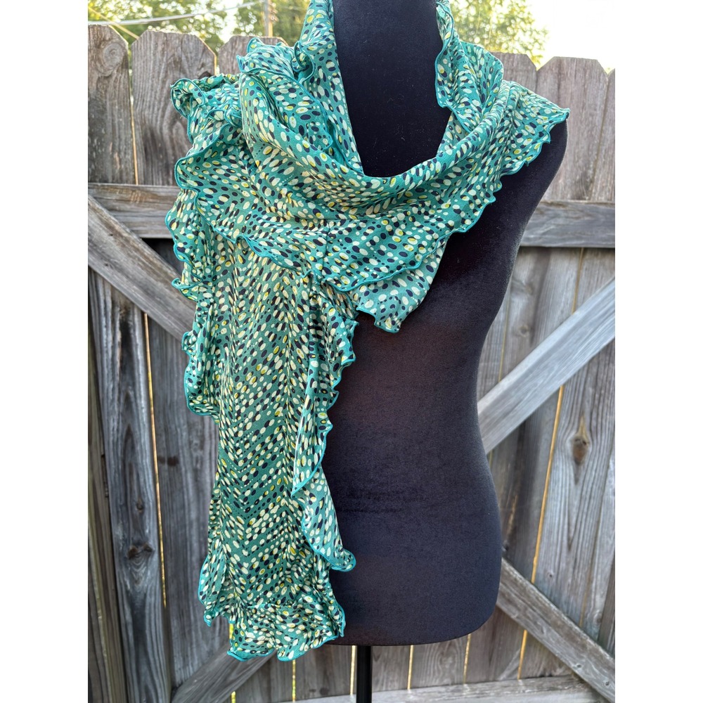 Talbots 100% Silk Ruffle Scarf Teal Green Dotted Chevron Print Lightweight 60x8
